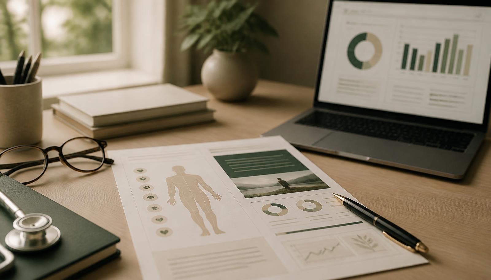 Programa de saúde personalizado impresso sobre mesa de consultório com laptop e gráficos