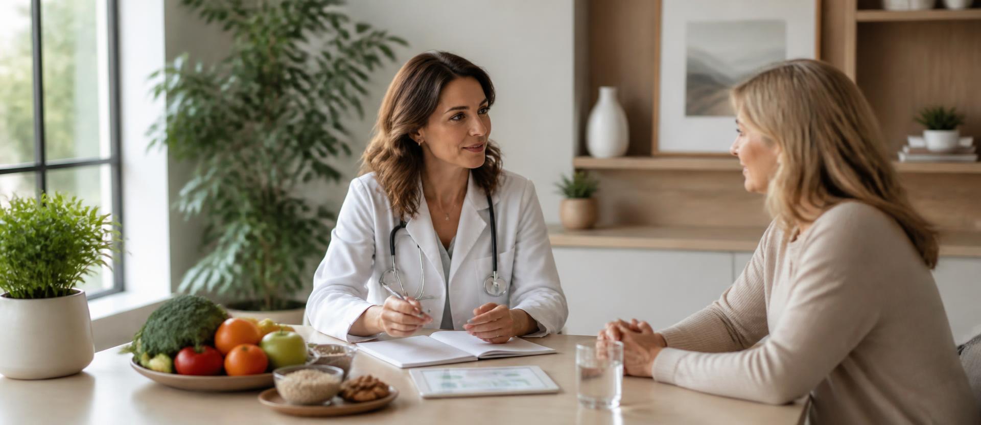 Médica em consulta de medicina do estilo de vida com paciente, alimentos frescos e plano de cuidado sobre a mesa